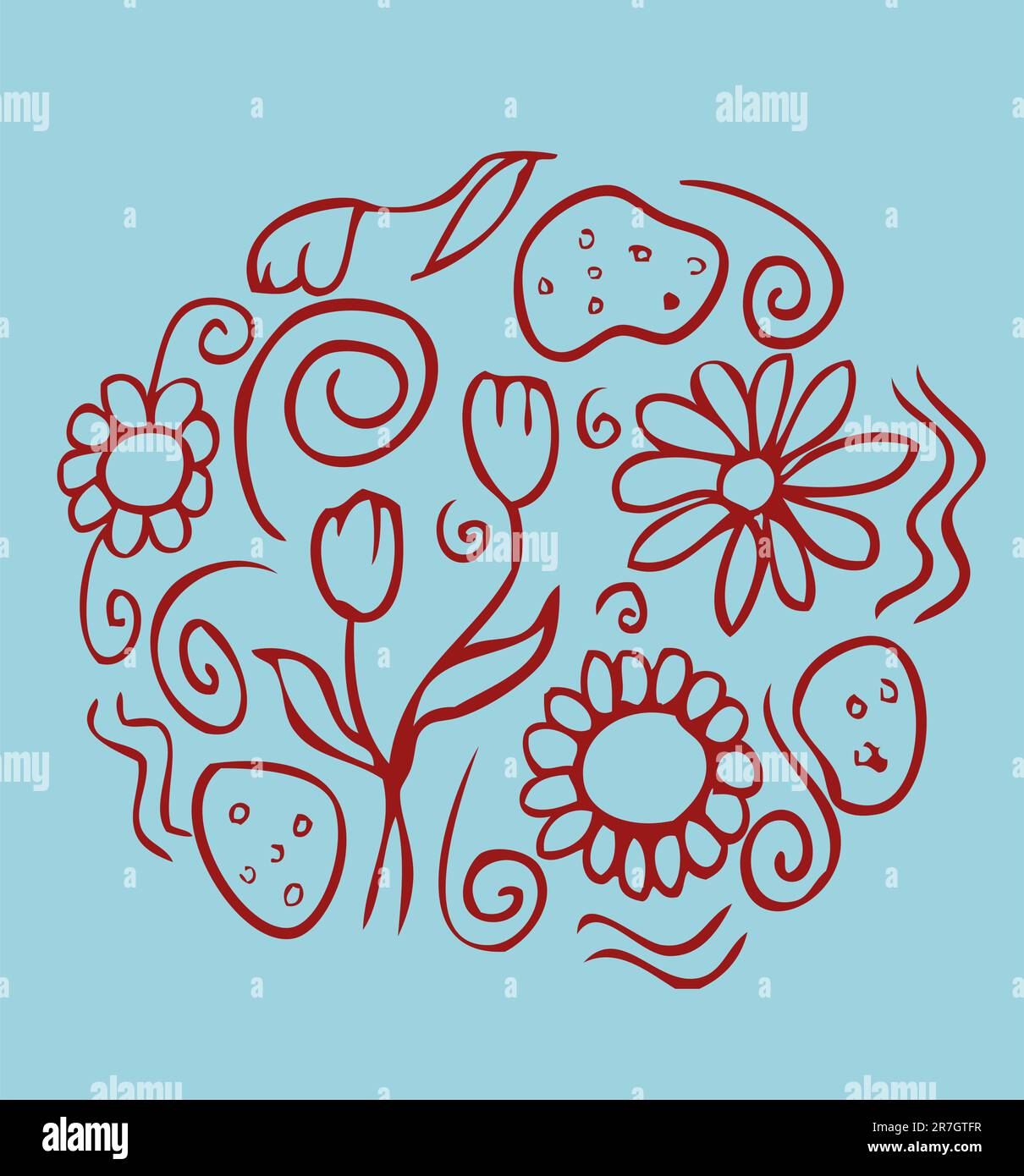 Emblema floreale del fiore su sfondo blu Illustrazione Vettoriale