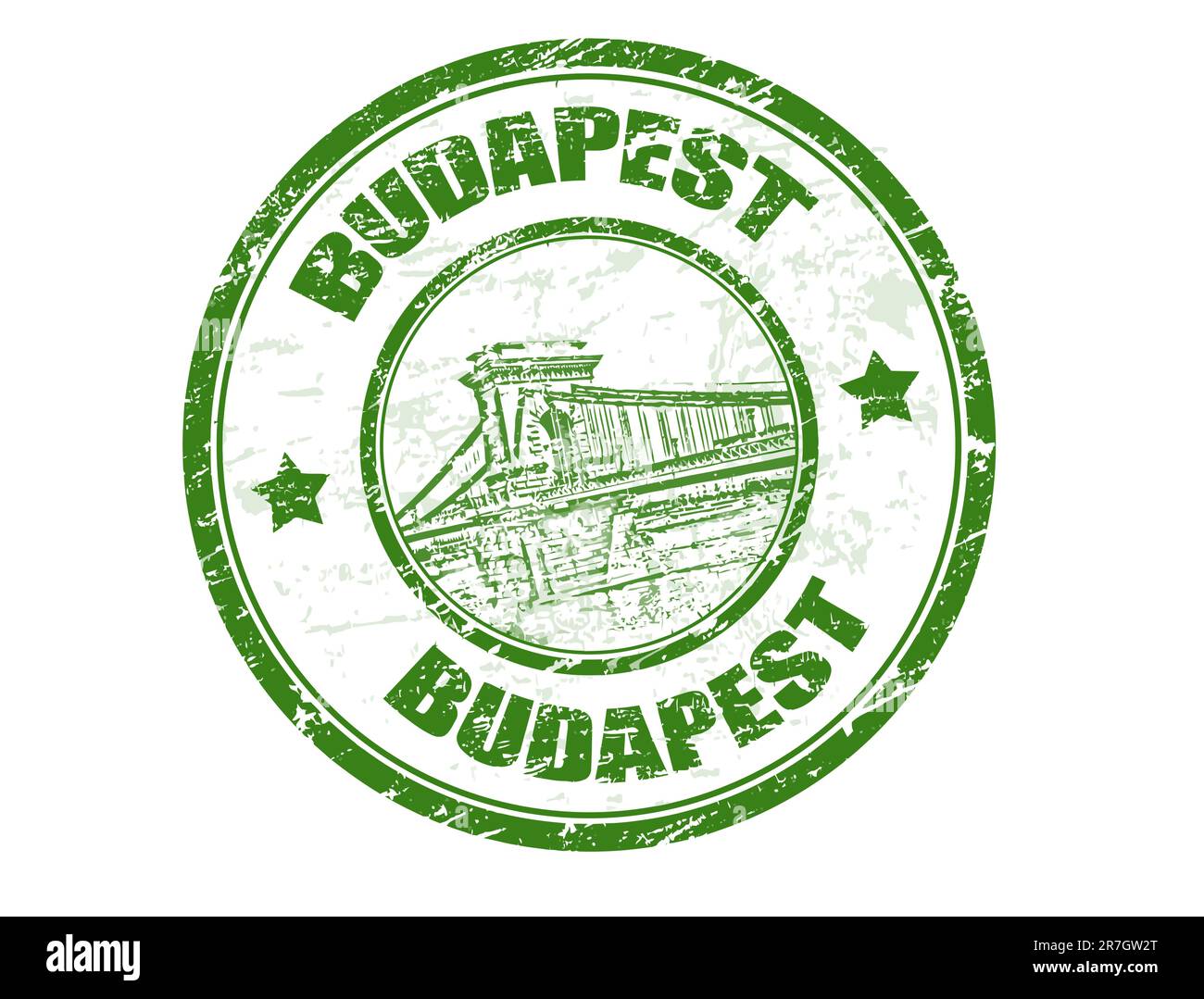 Francobollo in gomma grunge verde con forma a ponte a catena e il nome di Budapest, la capitale dell'Ungheria, scritto all'interno Illustrazione Vettoriale