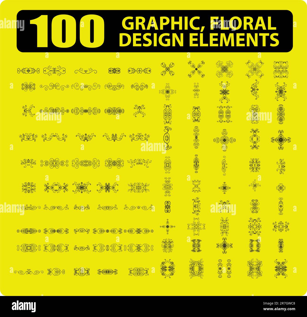100 elementi grafici, floreali, tatuaggi, libri, decorazioni per carte Illustrazione Vettoriale