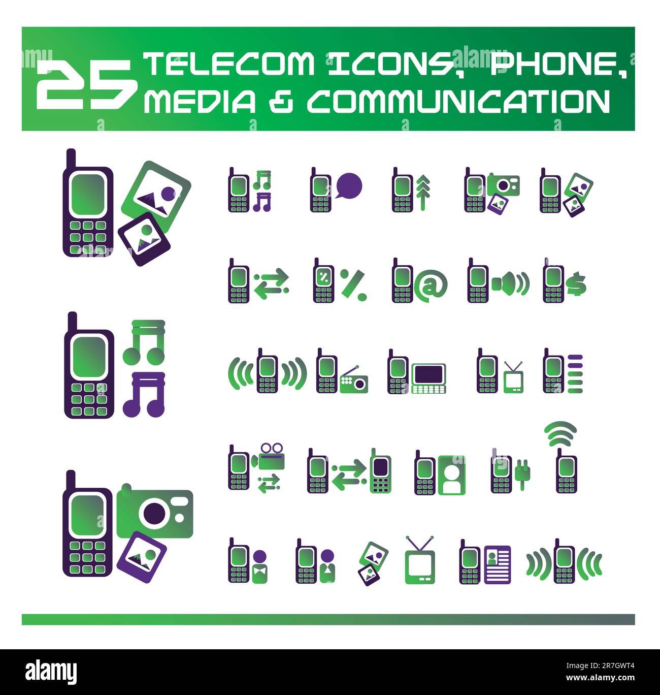 Icone di telecomunicazioni, media e comunicazione. Icone vettoriali per applicazioni Web. Telefono per affari, ufficio, Internet, scuola e istruzione. Illustrazione Vettoriale