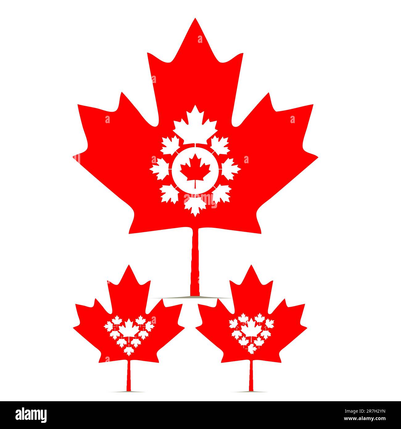 set vettoriale di foglia d'acero canadese stilizzato per imitare un cuore, un diamante e una medaglia Illustrazione Vettoriale