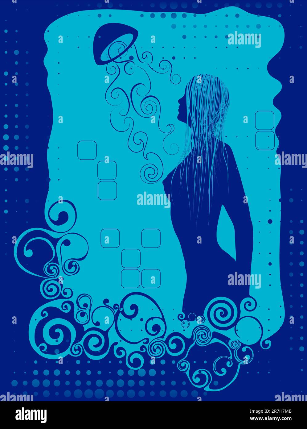 una donna nella doccia viene spruzzata d'acqua in una tonalità blu Illustrazione Vettoriale