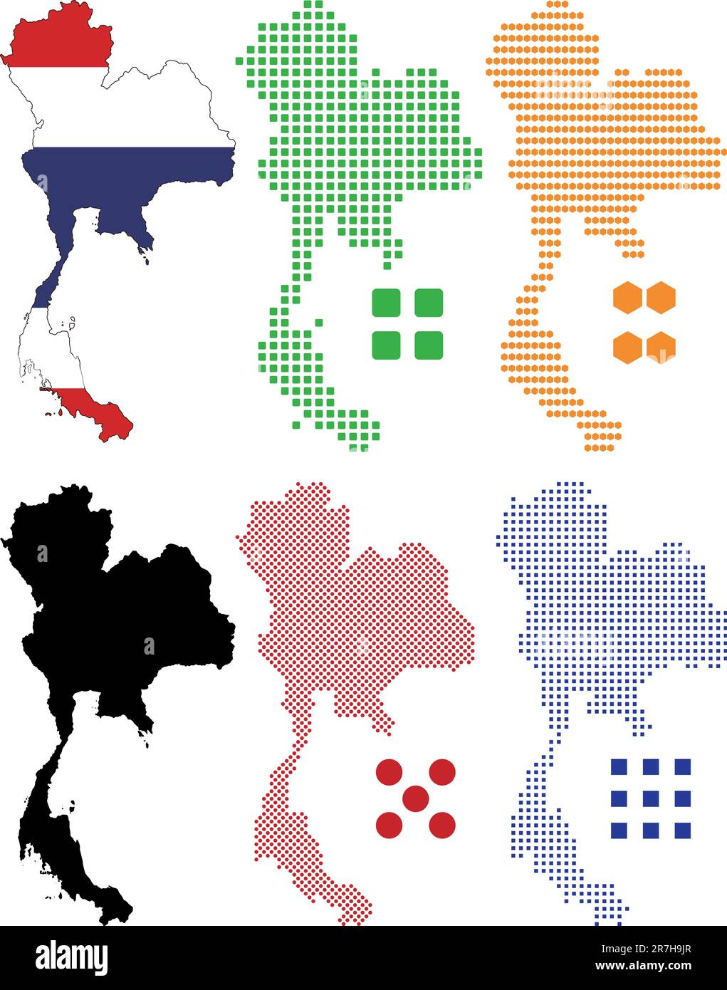 Mappa pixel e bandiera di illustrazione vettoriale della Thailandia. Illustrazione Vettoriale