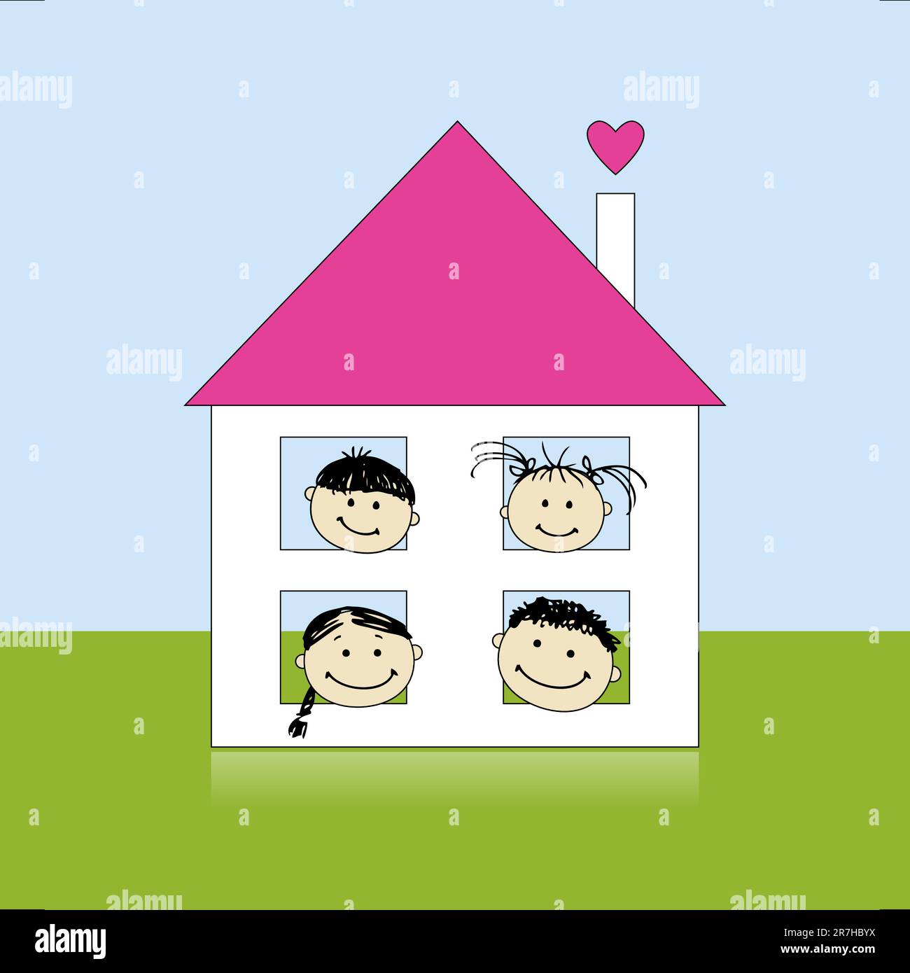 La famiglia felice in casa propria insieme sorridente, schizzo di disegno Illustrazione Vettoriale
