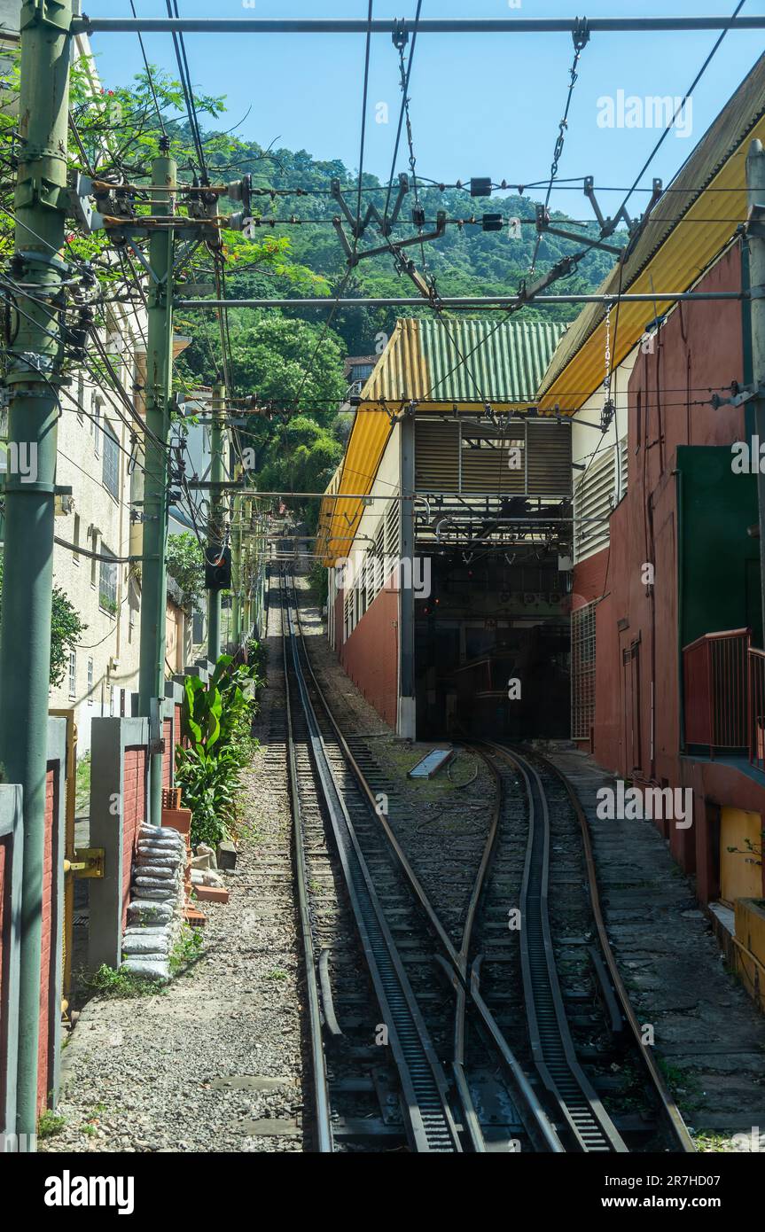 Vista dei binari ferroviari della ferrovia a cremagliera Corcovado e del deposito di manutenzione a destra della stazione Cosme Velho sotto il cielo azzurro e soleggiato d'estate. Foto Stock