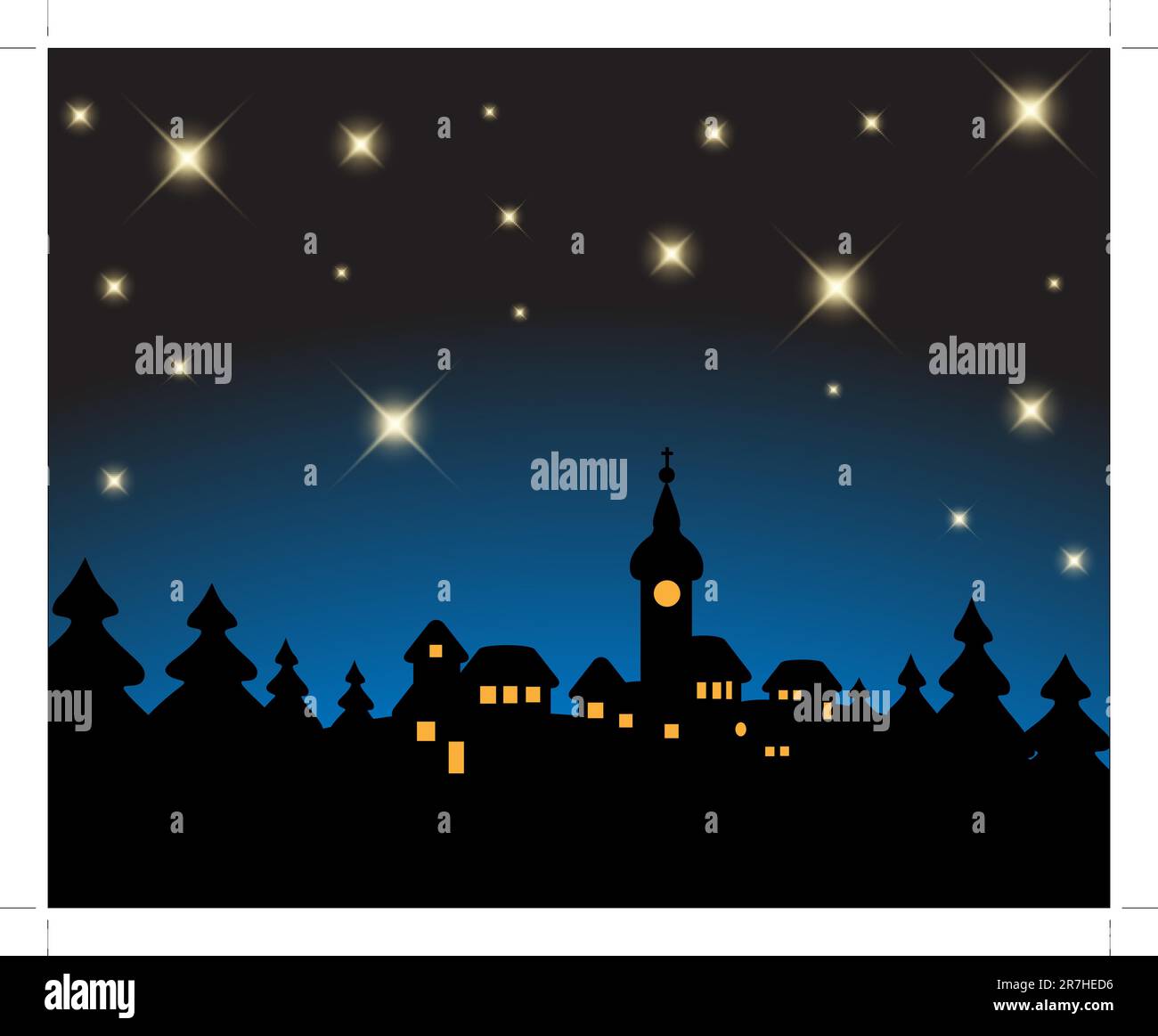 Scheda di Natale - notte il paesaggio innevato con village Illustrazione Vettoriale