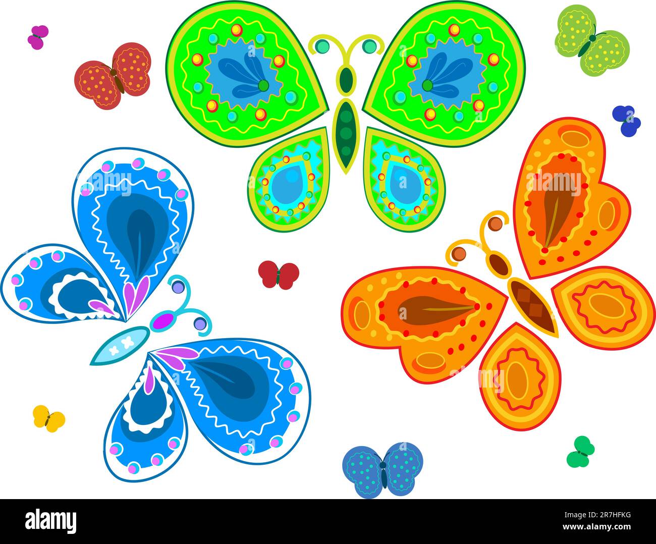 Questa collezione decorativa di farfalle può essere perfettamente utilizzata in un album di foto, nel disegno di carte. Illustrazione Vettoriale