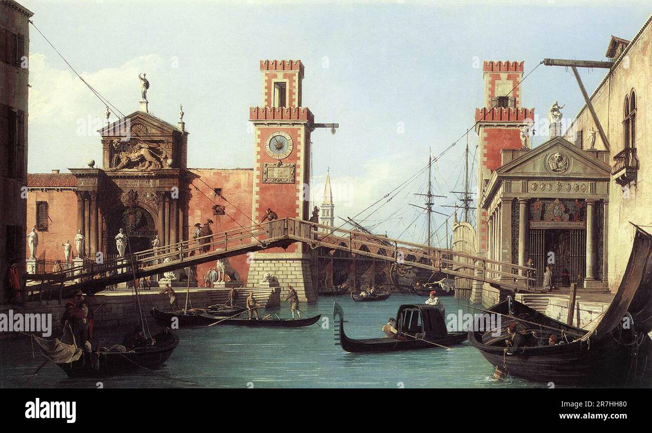 Vista dell'ingresso all'Arsenale veneziano dipinto dal pittore veneziano Giovanni Antonio Canal, comunemente noto come Canaletto, nel 1732 Foto Stock