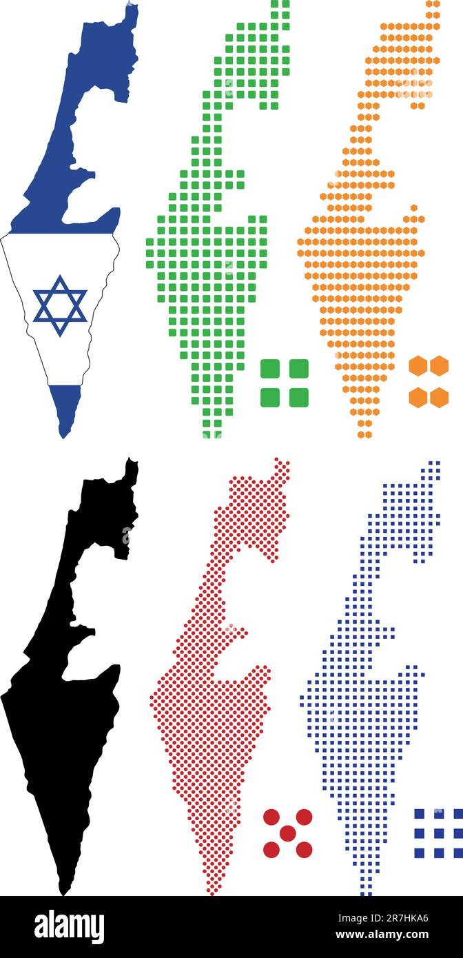 Illustrazione vettoriale mappa pixel e bandiera di Israele. Illustrazione Vettoriale