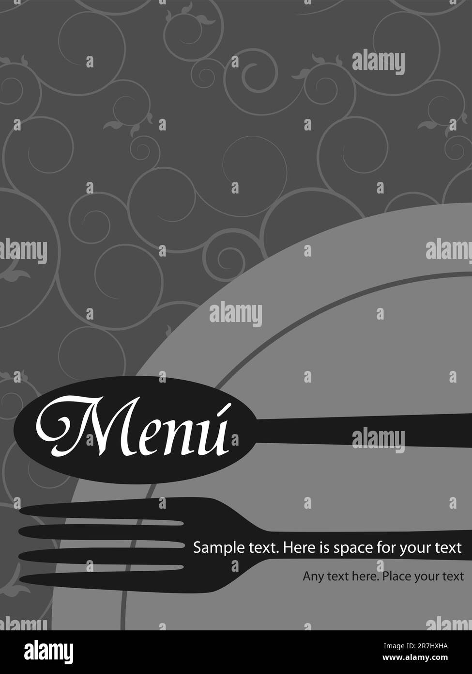 Schema di menu vettoriale con cucchiaio e forchetta su sfondo grigio Illustrazione Vettoriale