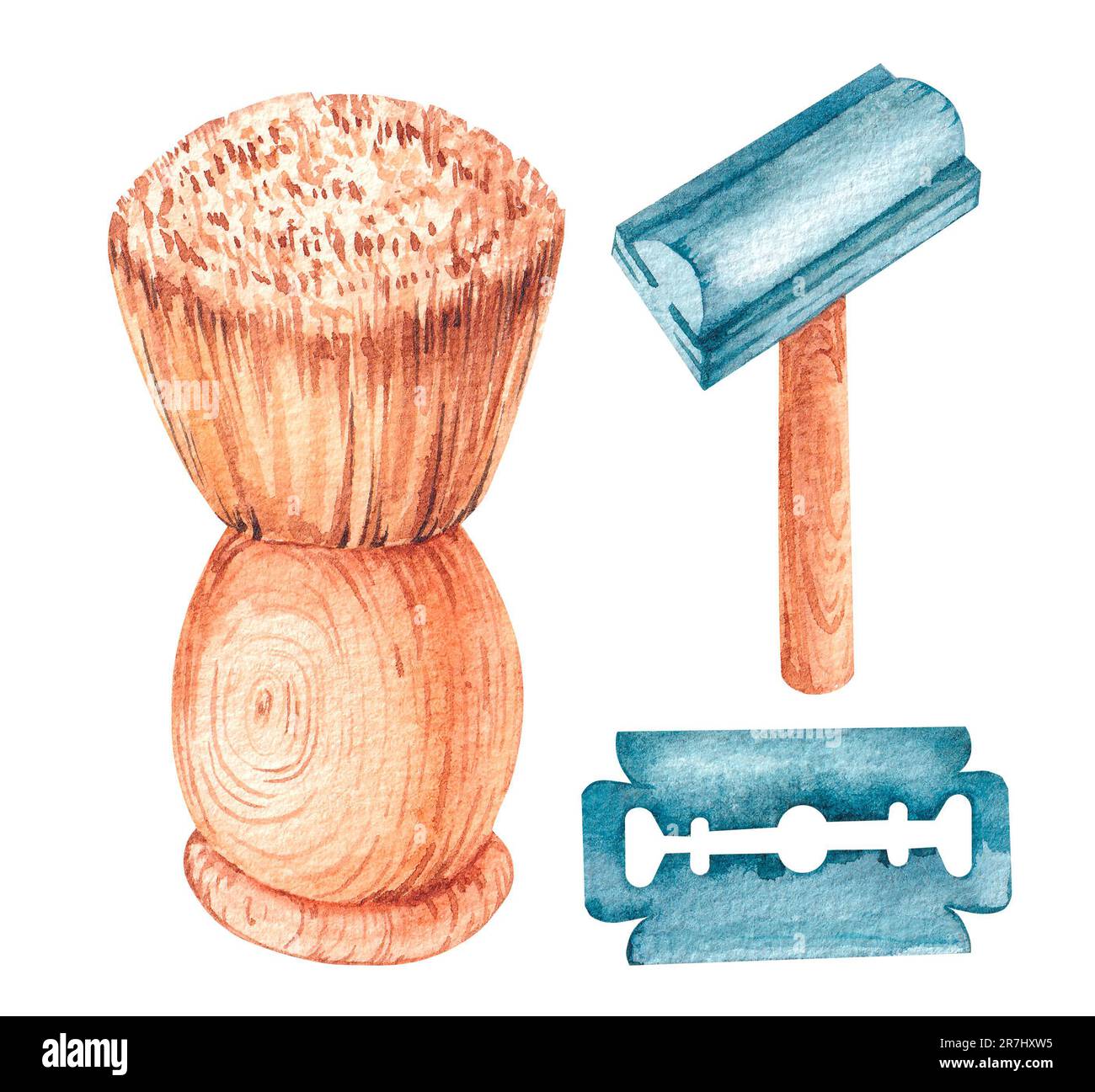 Immagine del set di rasatura ecologico. Prodotti ecologici accessori per la rasatura a acquerello per grafica e web design, presentazioni aziendali, marketing e Foto Stock