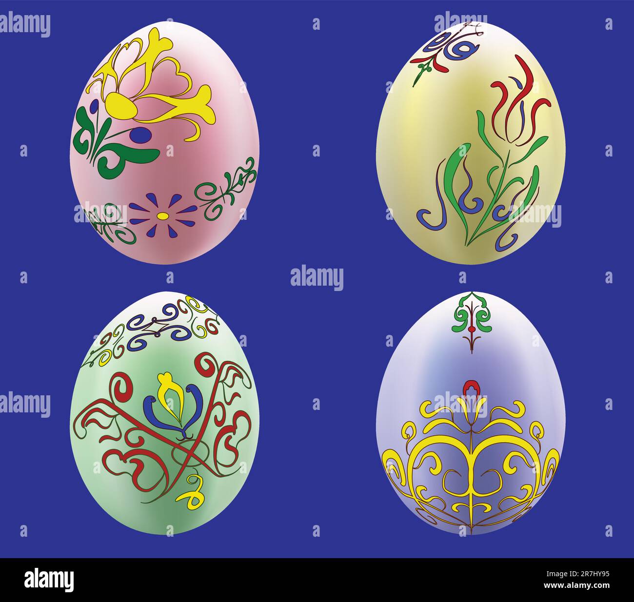 Quattro uova di pasqua dipinte con motivo floreale. Illustrazione vettoriale. Illustrazione Vettoriale
