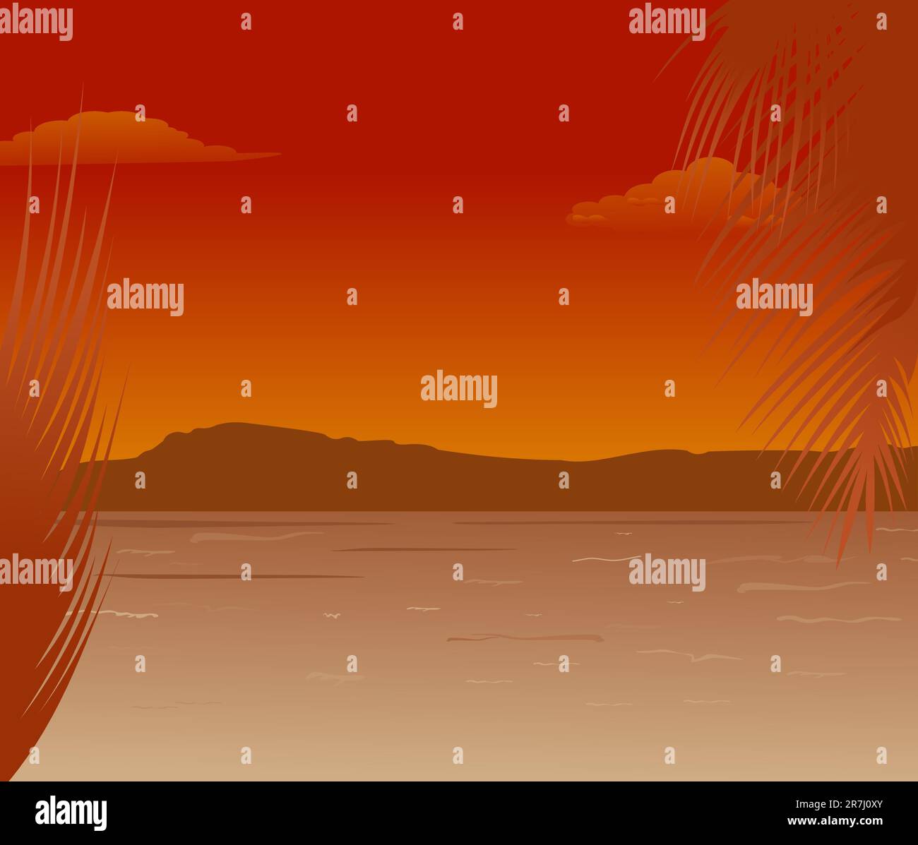 Illustrazione mare paesaggio con montagne al tramonto - vettore Illustrazione Vettoriale