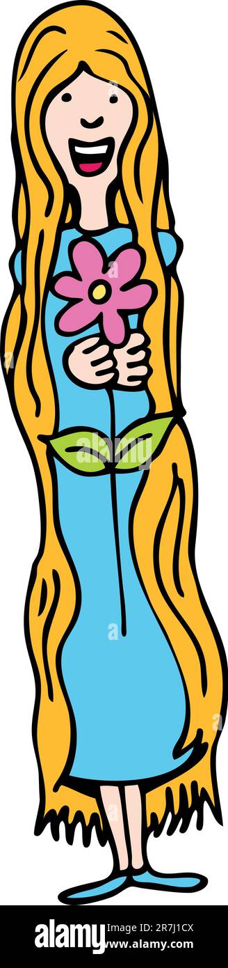 Una immagine di una ragazza hippy con i capelli lunghi tenendo un fiore. Illustrazione Vettoriale