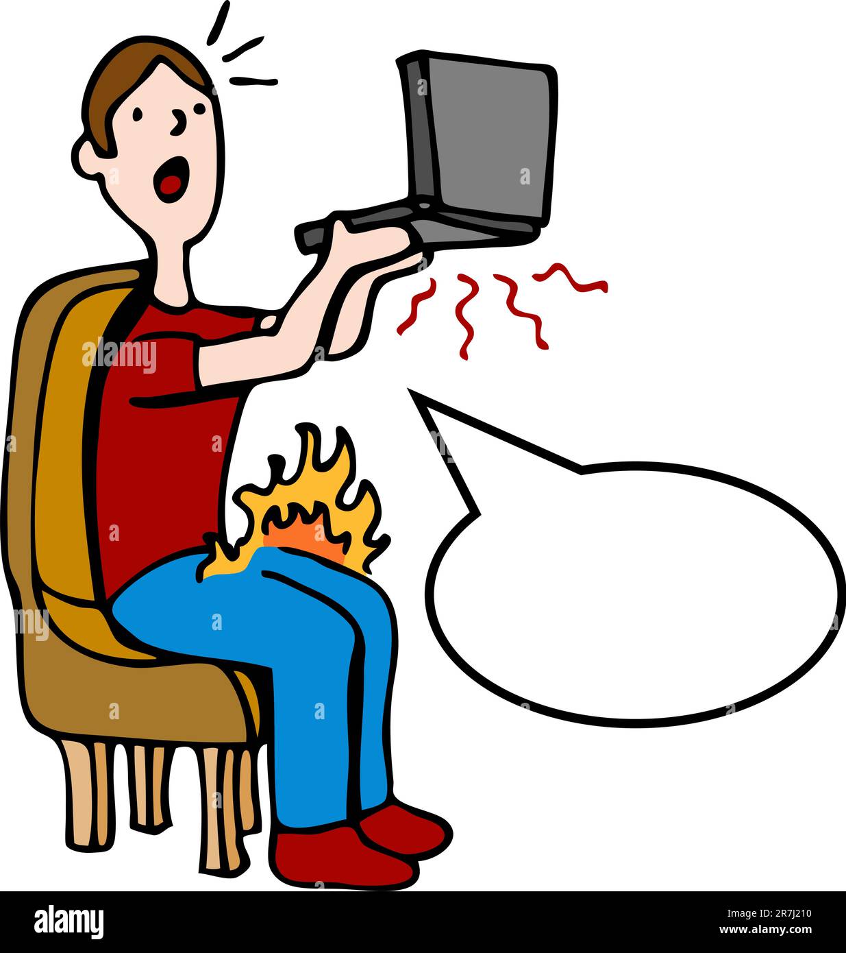 Un'immagine di un uomo con gambe bruciato da un computer portatile a caldo. Illustrazione Vettoriale