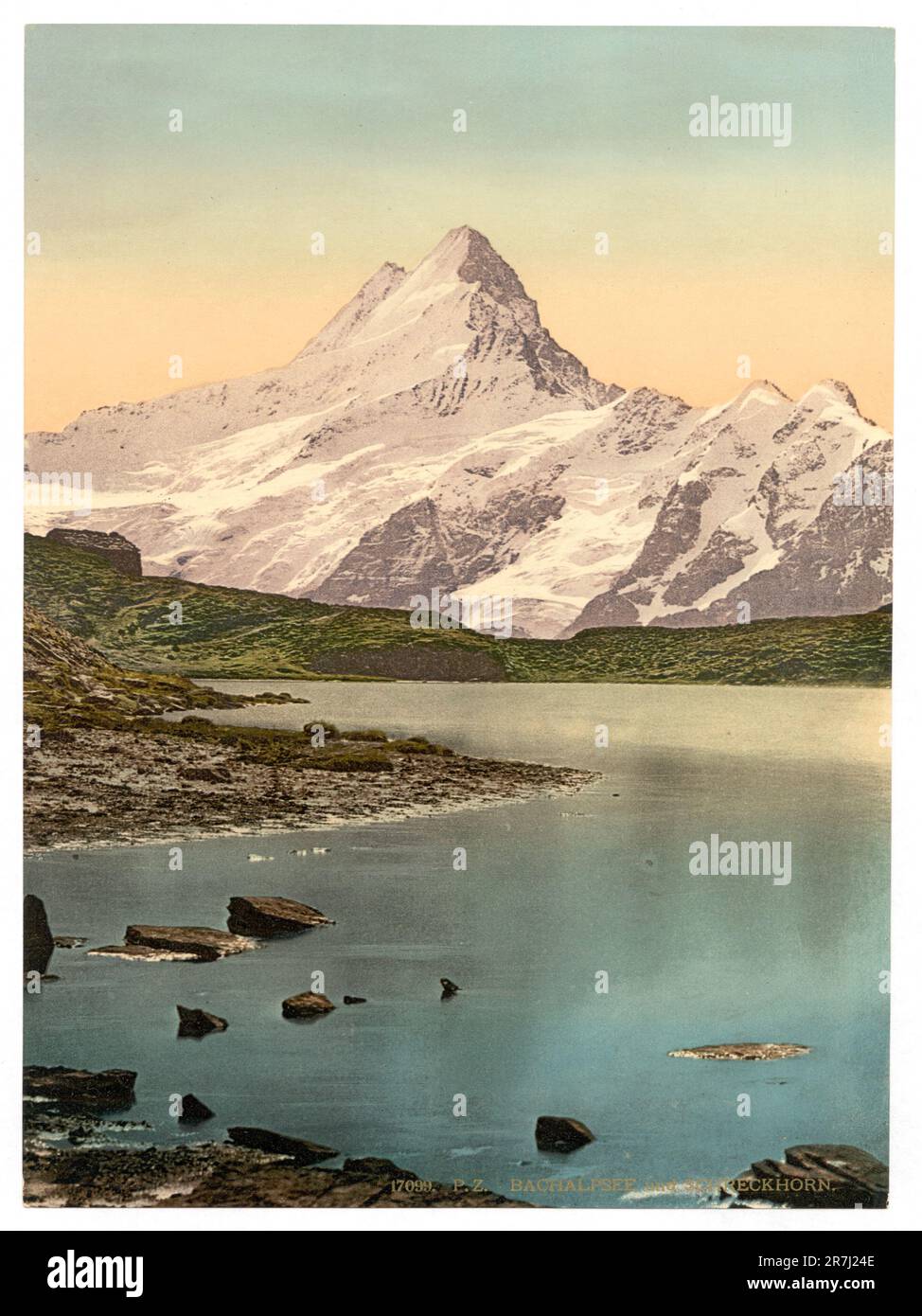 Lago di Bachalpsee e Schreckhorn, Oberland Bernese, Svizzera 1890. Foto Stock