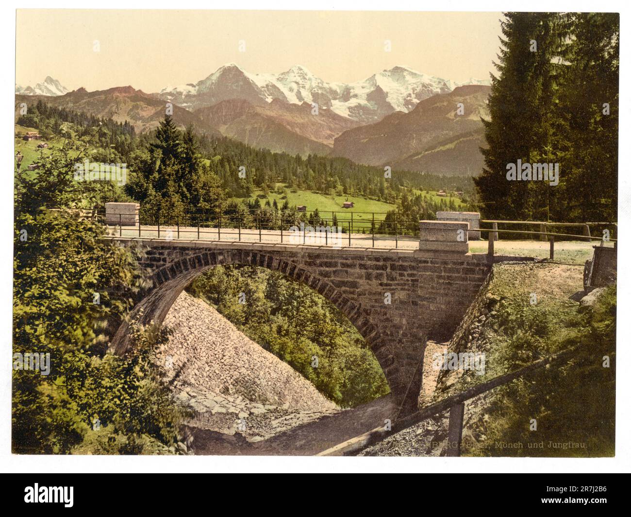 Ponte Beatenberg a Saint Beatenberg, con vista sul Monte Eiger, Mönch e Jungfrau, Oberland Bernese, Svizzera 1890. Foto Stock
