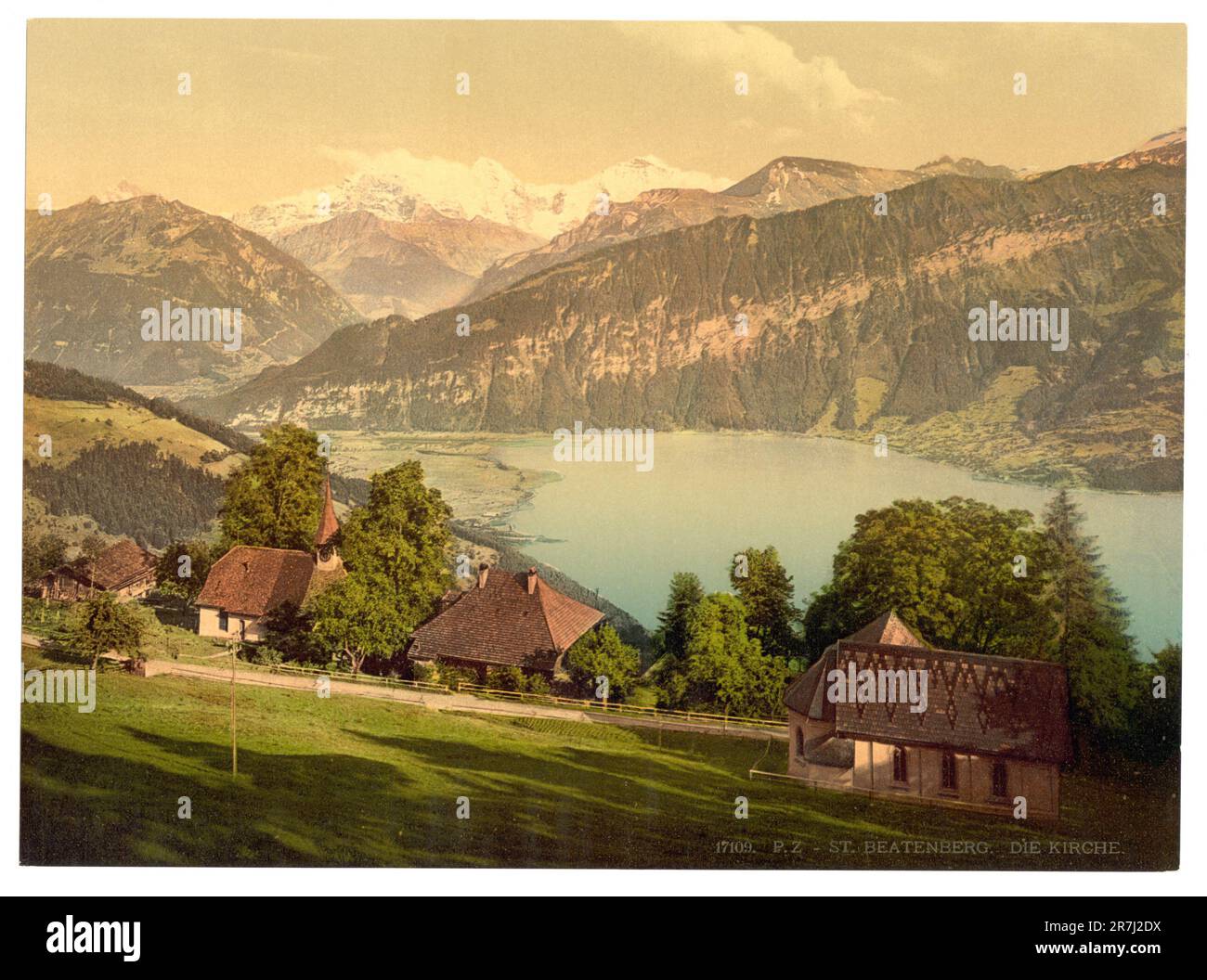 Beatenberg, chiesa e lago di Thun, Oberland Bernese, Svizzera 1890. Foto Stock