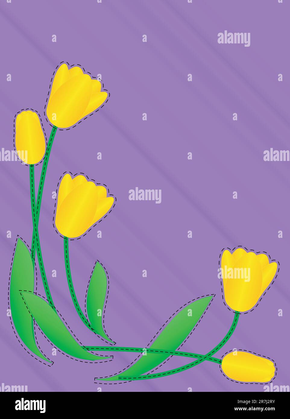 Vettore10 spazio copia viola con bordo di tulipani gialli accentuato da cuciture trapuntate. Illustrazione Vettoriale