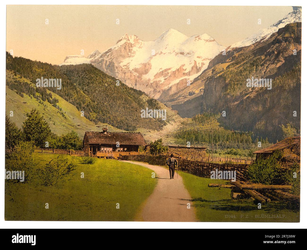 Blümlisalp e chalet, Oberland Bernese, Svizzera 1890. Foto Stock