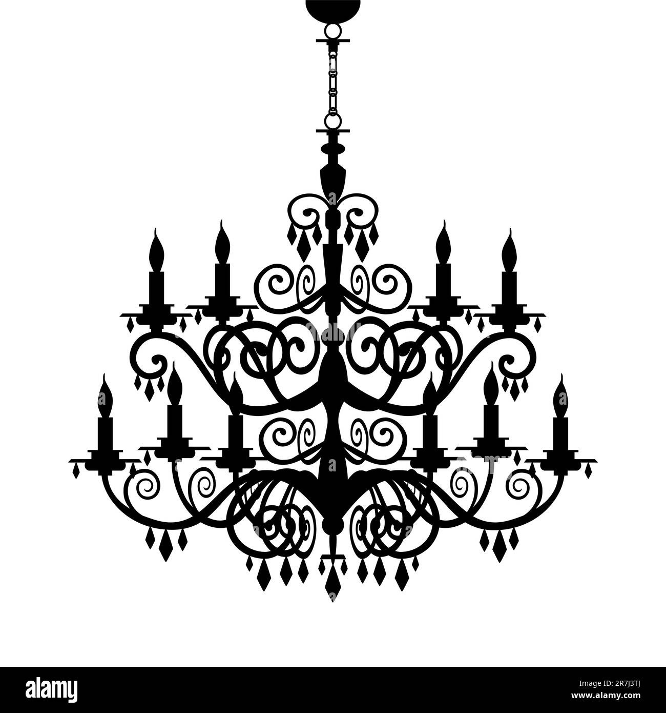 Lampadario decorativo barocco con silhouette isolata su bianco, grafica vettoriale completamente scalabile incluso EPS v8 e 300 dpi JPG. Illustrazione Vettoriale