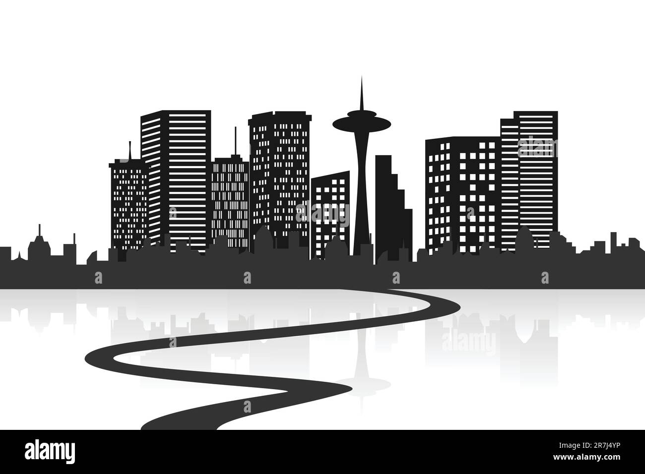 Lo skyline di una grande città con una strada Illustrazione Vettoriale