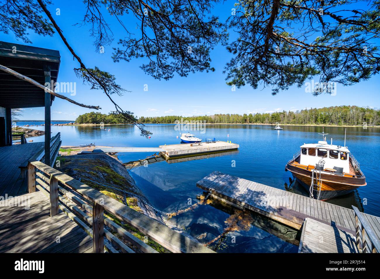 Al porto dell'isola Ulko-Nuokko, Hamina, Finlandia Foto Stock