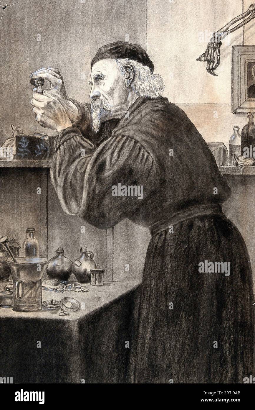 Un chimico in un tappo di smokock e cranio versando un liquido da una bottiglia. Il ripiano e la tavola contengono fiale, un mortaio, imbuti e disegni botanici. Il braccio di uno scheletro scende dall'angolo in alto a destra e abbraccia il ritratto di una giovane donna, riproduzione storica, restaurata digitalmente da un originale del 19th ° secolo / Ein Chemiker im Kittel und mit Totenkopfmütze, der eine Flüssigkeit aus einer Flasche ausgießt. Das Regal und der Tisch enthalten Fläschchen, einen Mörser, Trichter und botanische Zeichnungen. Der Arm eines Skeletts streckt sich von der rechten oberen Ecke herab und umschli Foto Stock