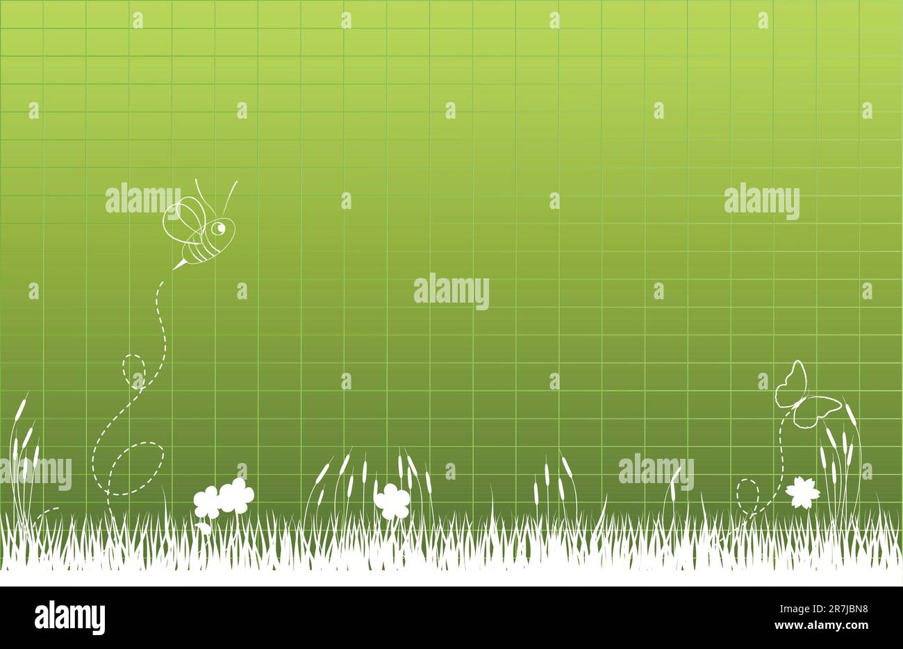 Erba alta e spessa con ape e farfalla Illustrazione Vettoriale