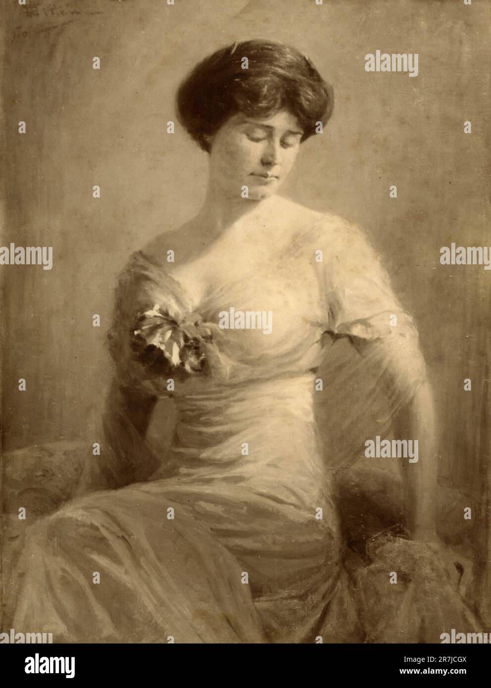 Ritratto di una donna con pittura seduta a capelli corti di un artista non identificato, Italia 1900s Foto Stock