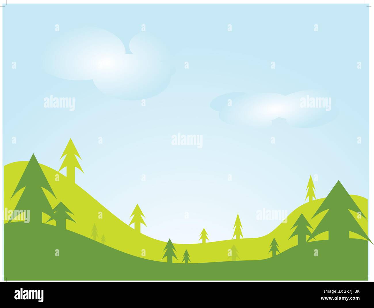 Illustrazione vettoriale di scene naturali colorate con nuvole bianche su paesaggi verdi e cielo blu. Illustrazione Vettoriale