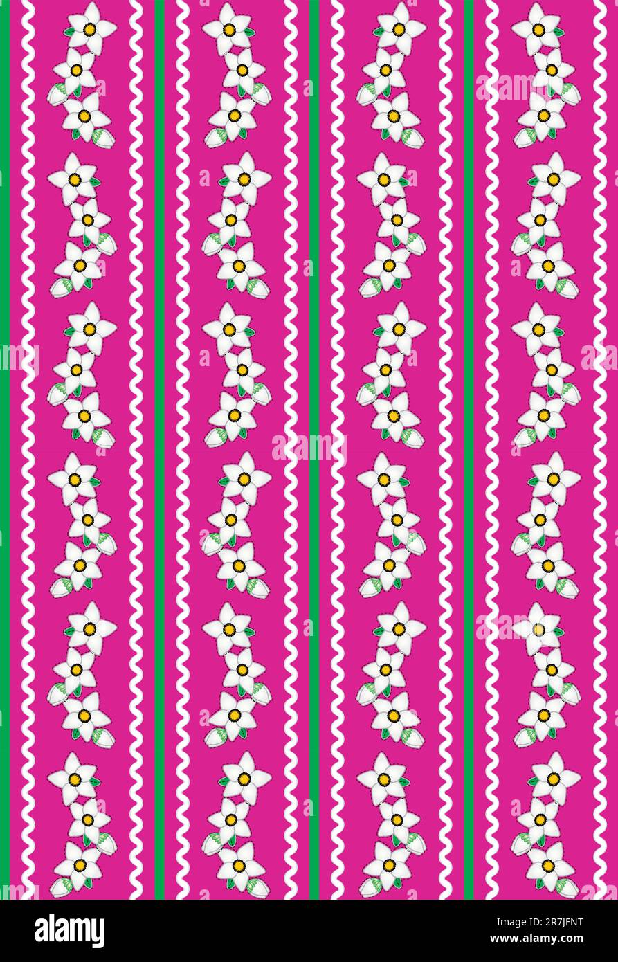 Eps10 vettoriale. Sfondo rosa con margherite bianche accentuate da strisce verdi, rick rac bianco e cuciture trapuntate. Illustrazione Vettoriale