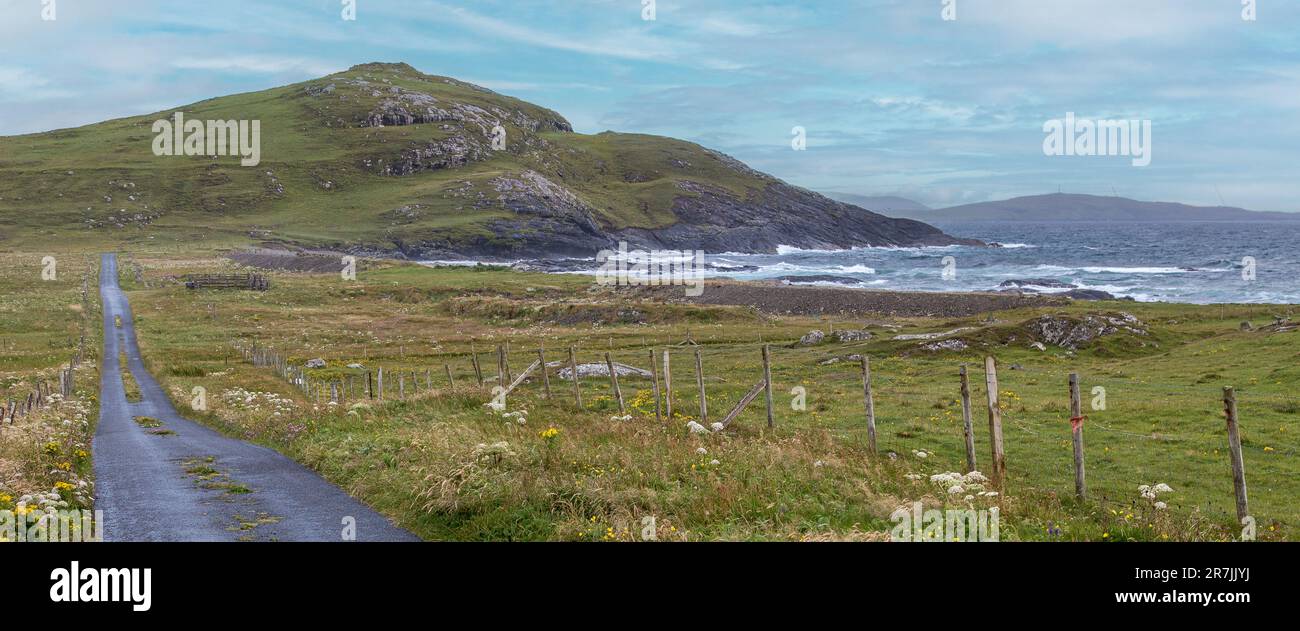 Cille Bharra Road a Bagh nan Clach vicino a Eoligarry, barra, Isola di barra, Ebridi, Ebridi esterne, Isole occidentali, Scozia, Regno Unito, Grea Foto Stock