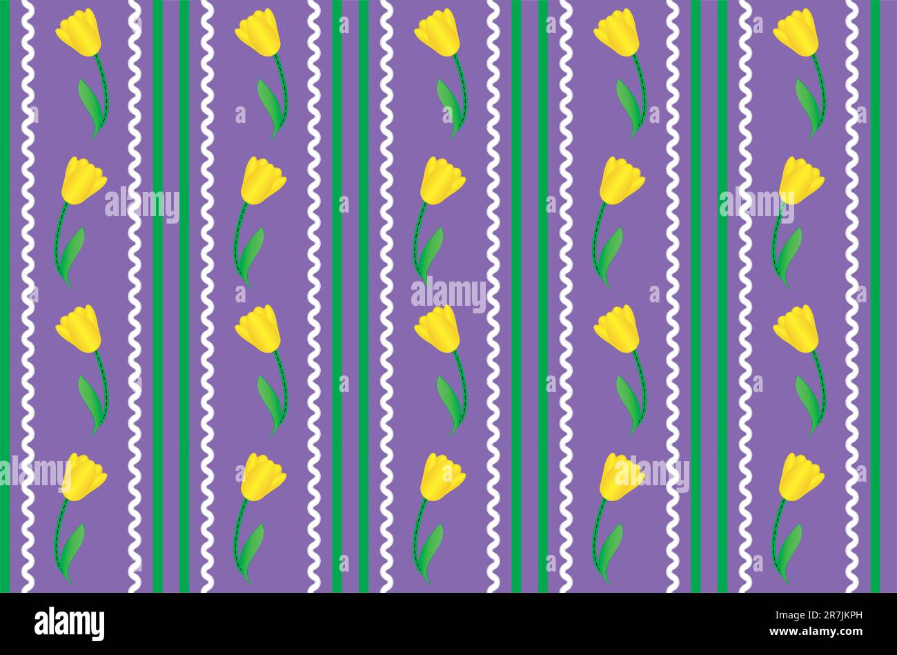 Eps8 vettoriale. Sfondo viola con tulipani gialli accentuati da strisce verdi, rick rac bianco e cuciture trapuntate. Illustrazione Vettoriale