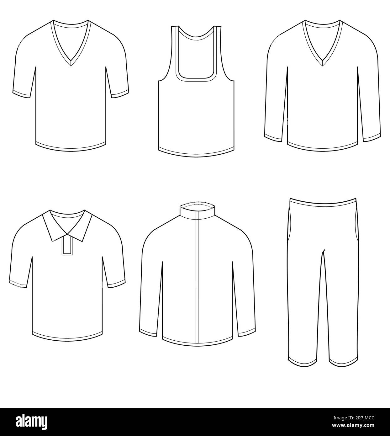 Illustrazione vettoriale di abiti casual e abbigliamento sportivo bianchi da uomo e donna su sfondo bianco per il tuo design, facile da modificare. Illustrazione Vettoriale