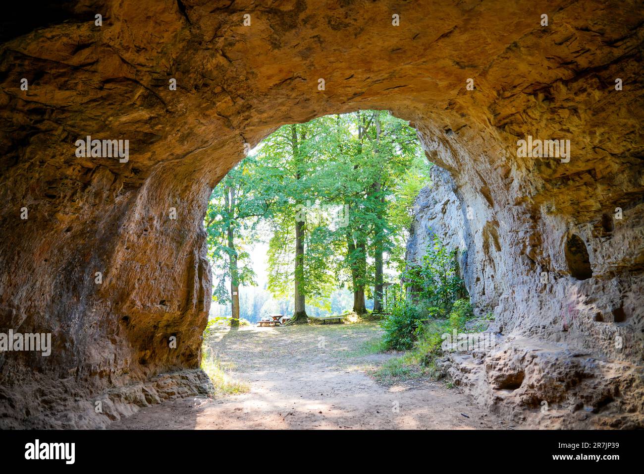 Chiesa di pietra di Scharzfeld vicino a Herzberg am Harz. Vecchia caverna nell'Harz. Grotta di roccia dolomitica ad arco rotondo. Steinkirche. Foto Stock