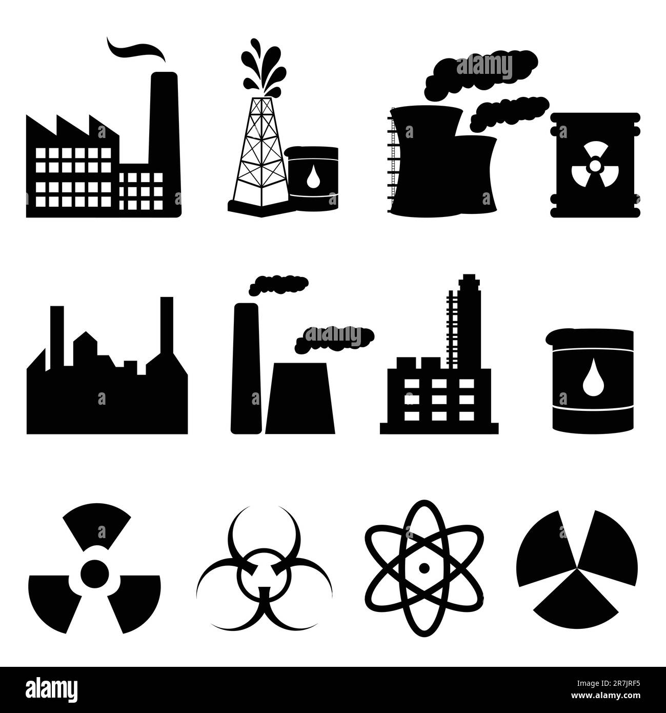 Icona di edifici industriali e segnaletica in nero Illustrazione Vettoriale