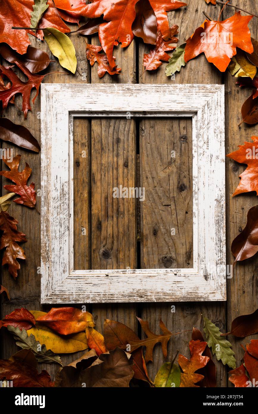 Vista dall'alto della vecchia cornice vuota con foglie autunnali su un tavolo di legno Foto Stock