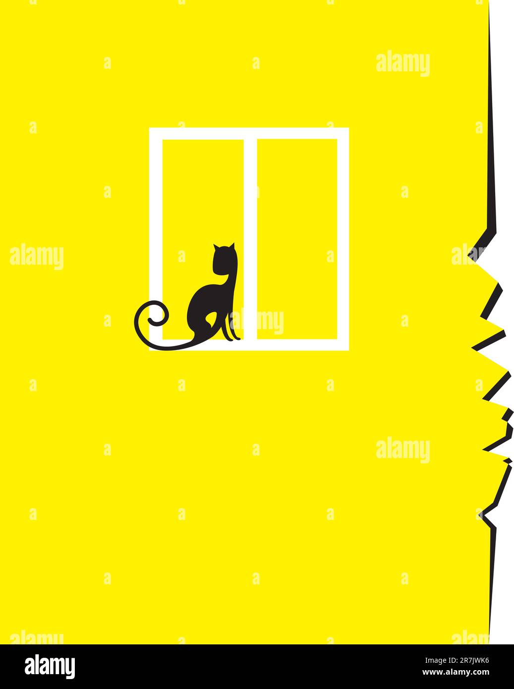 Crepa nel muro con una finestra e un gatto seduto. Illustrazione su sfondo bianco Illustrazione Vettoriale