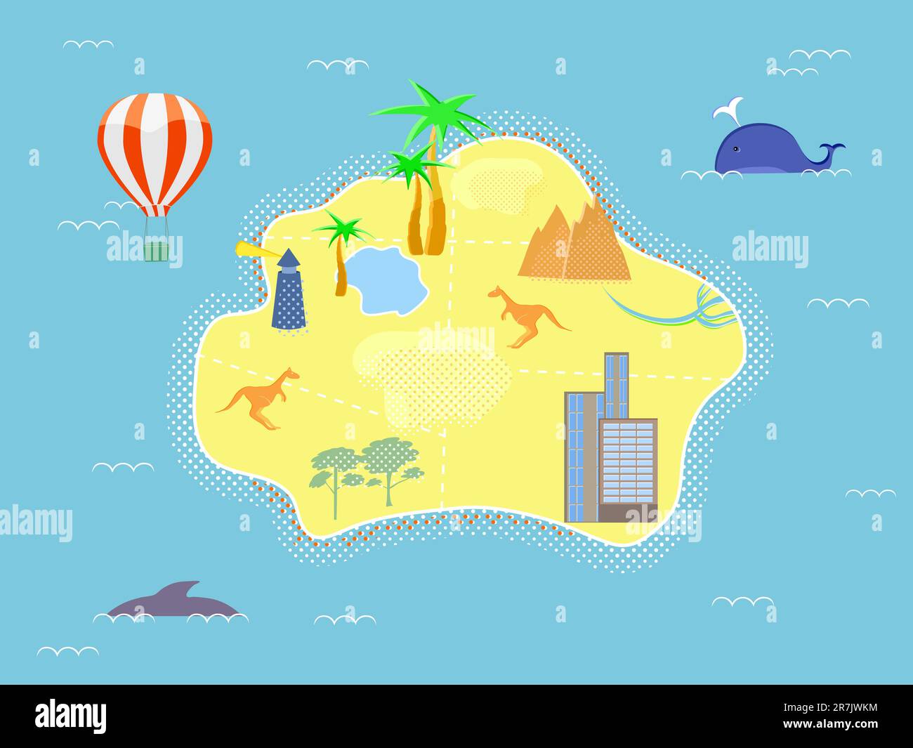 Mappa dell'isola dei cartoni animati in stile retrò Illustrazione Vettoriale