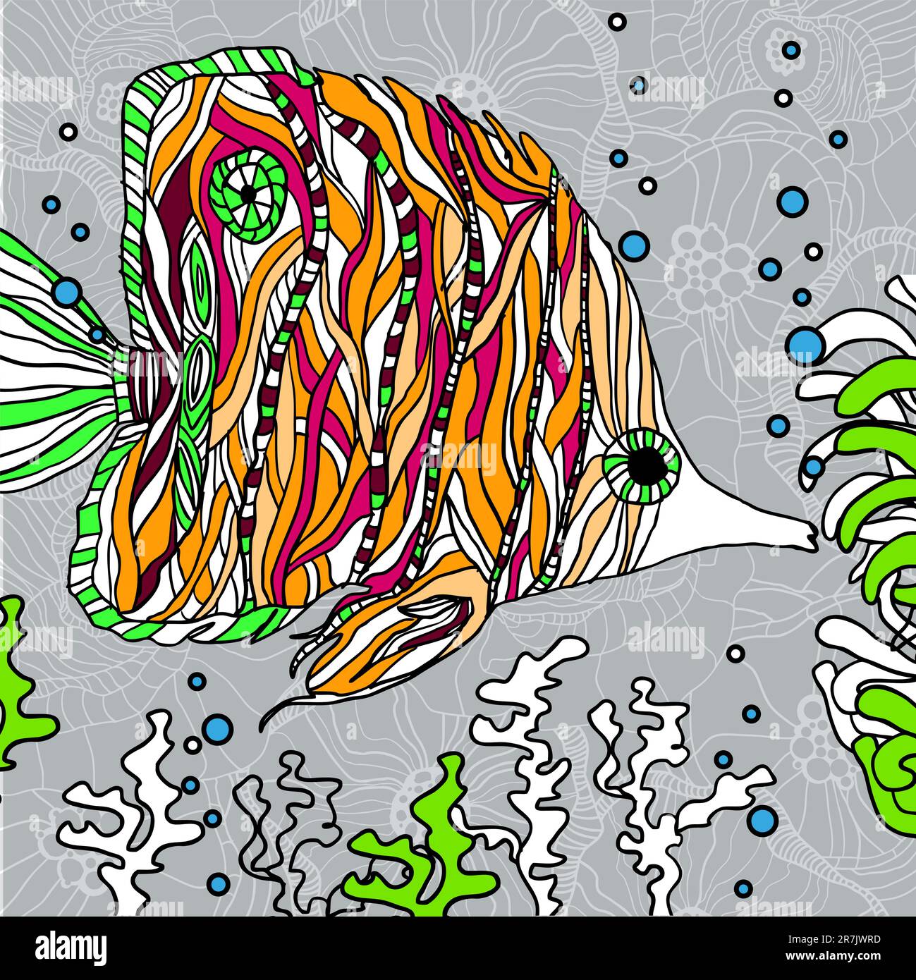 Tessera nuziale o invito con sfondo floreale astratto pesce pagliaccio tropicale sott'acqua Illustrazione Vettoriale