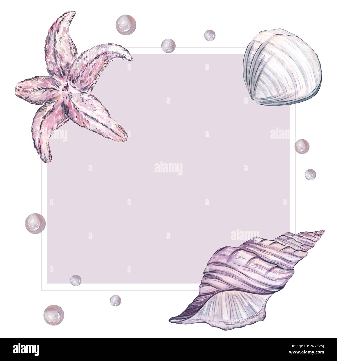 Cornice quadrata con conchiglie, stelle marine e perle nei colori rosa e lilla. Illustrazione ad acquerello, isolare su sfondo bianco. Mare, vacanza Foto Stock