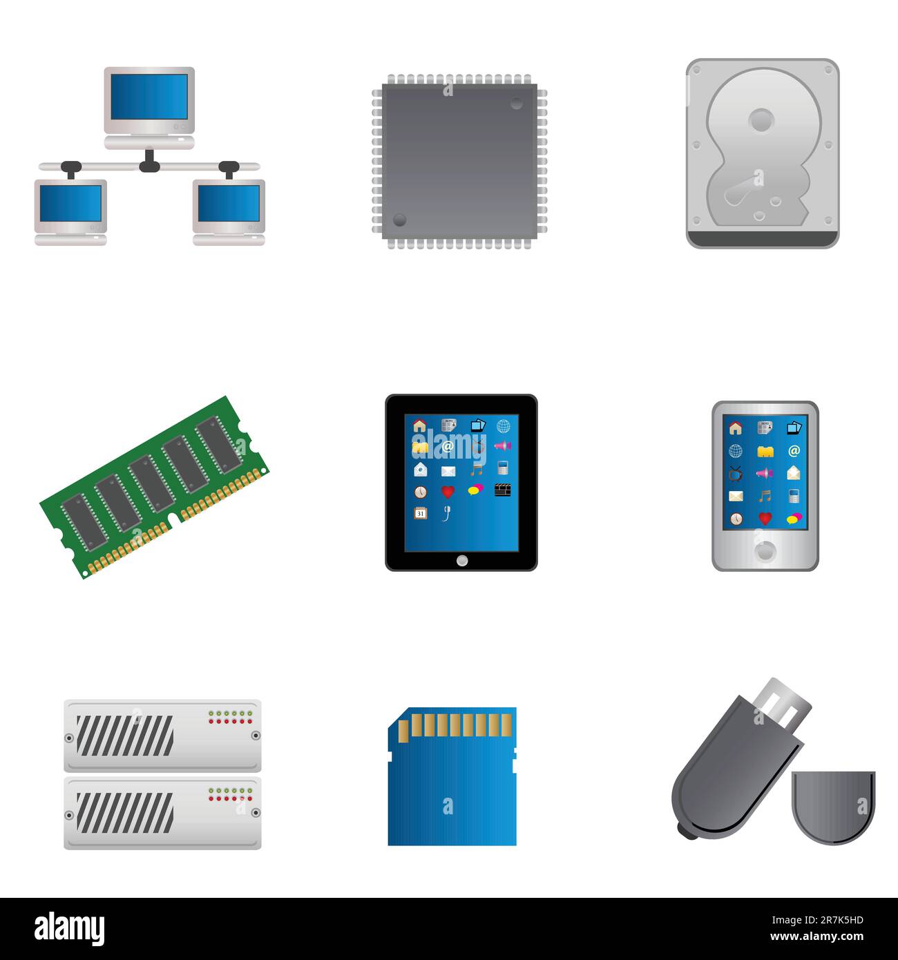 Set di icone parti del computer e computer Illustrazione Vettoriale