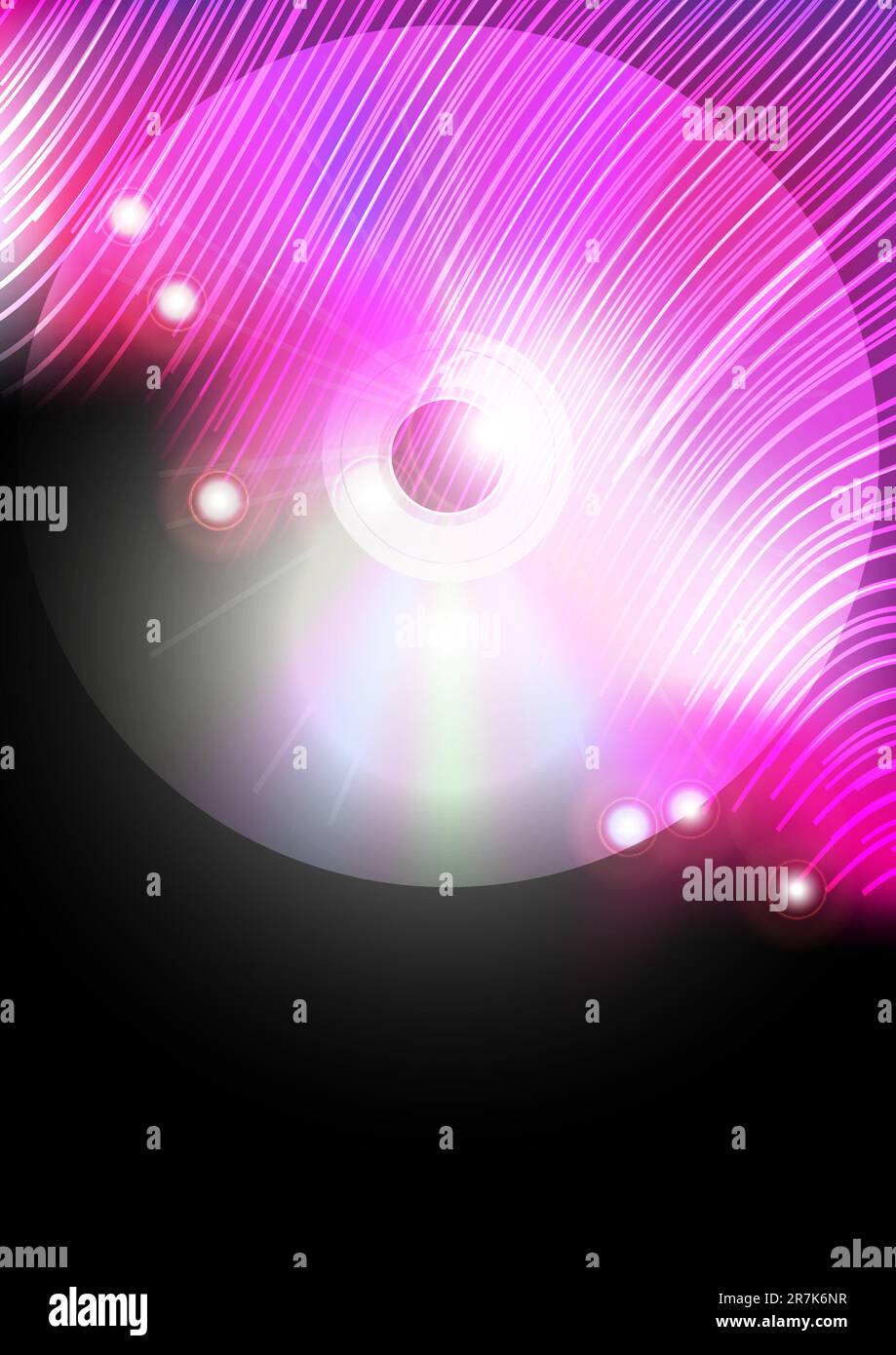 Sottofondo musicale astratto - Compact Disc e fibre ottiche rosa accese su sfondo nero Illustrazione Vettoriale
