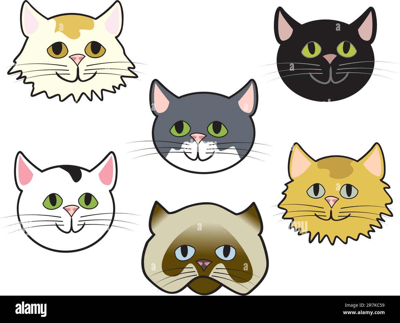 Sei simpatiche facce di gatto cartoni animati di varie razze. Illustrazione Vettoriale