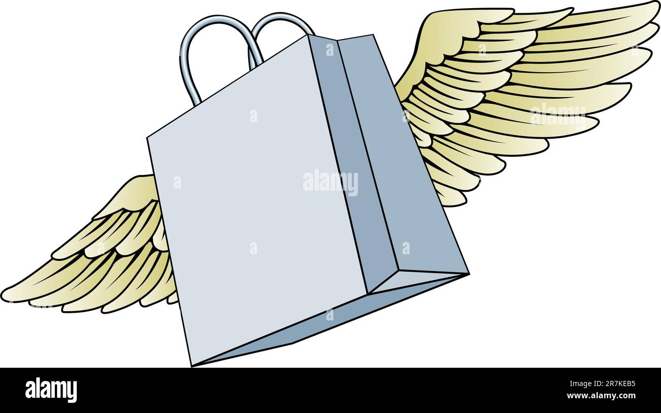 Una illustrazione di una carta shopping bag volare con ali Illustrazione Vettoriale