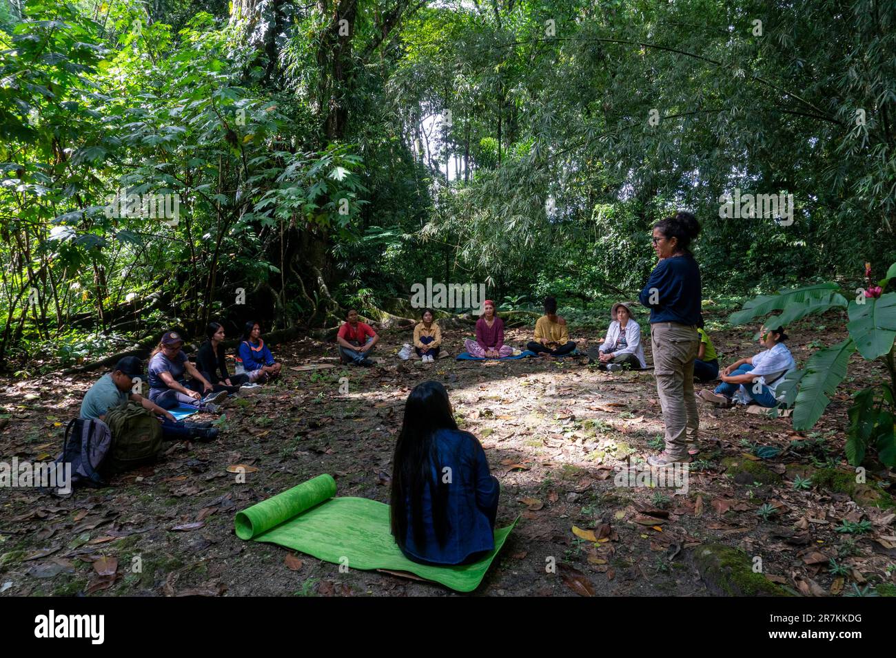 gruppo di persone che praticano il benessere nella foresta amazzonica Foto Stock