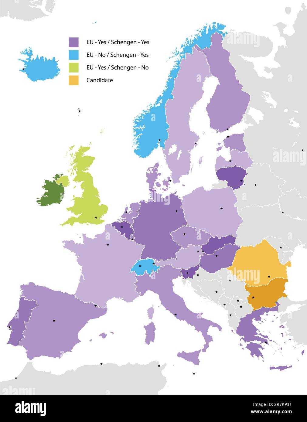 Confine dello spazio Schengen, Europa con sagome dei paesi. Il file EPS contiene livelli separati con il nome della contea, i confini e il livello con Countie... Illustrazione Vettoriale