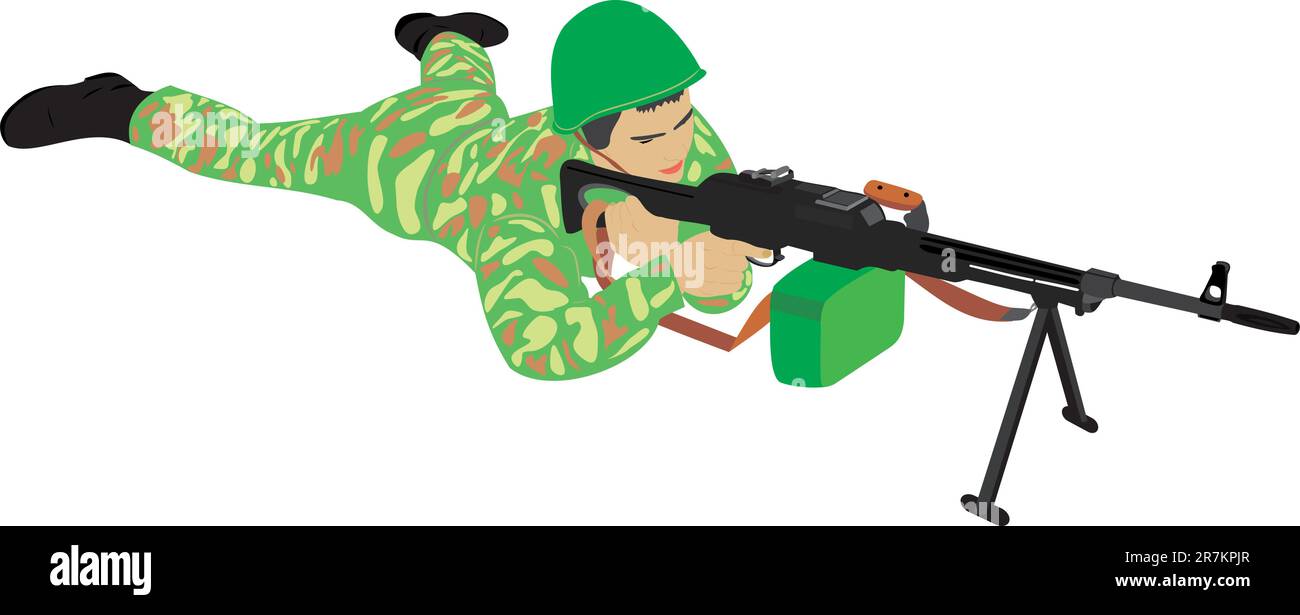 Il soldato con una mitragliatrice. Armi da fuoco. Il conflitto militare Illustrazione Vettoriale