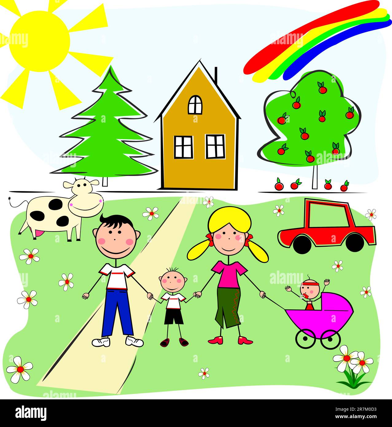 Una famiglia di quattro persone sullo sfondo della propria casa e della propria auto, mucche e alberi. Illustrazione Vettoriale